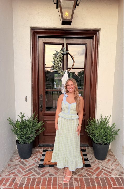 Honeydew gingham corset midi dress with ruffle detail, front view