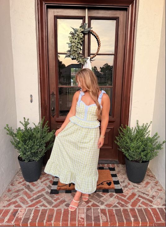 Honeydew gingham corset midi dress, showing the tiered ruffle skirt
