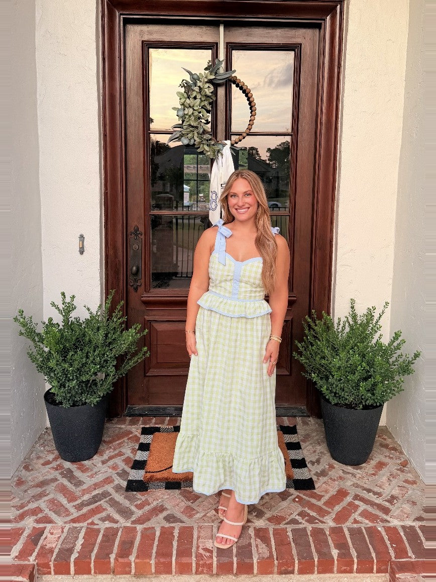 Honeydew gingham corset midi dress with ruffle details, full length