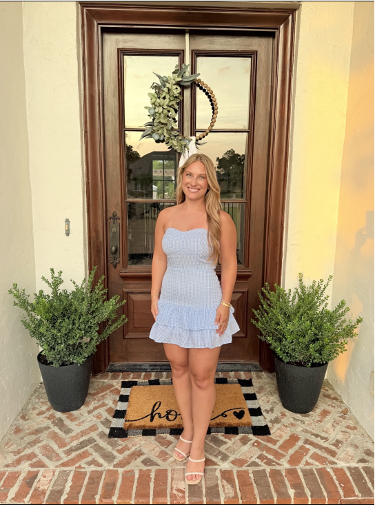 Blue gingham strapless sweetheart mini dress with tiered ruffle hem
