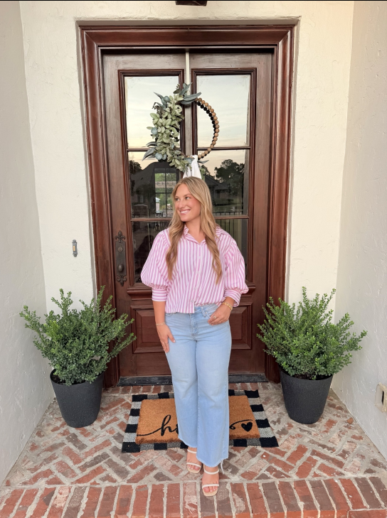 Pink striped button-down cropped shirt with puff sleeves, front view