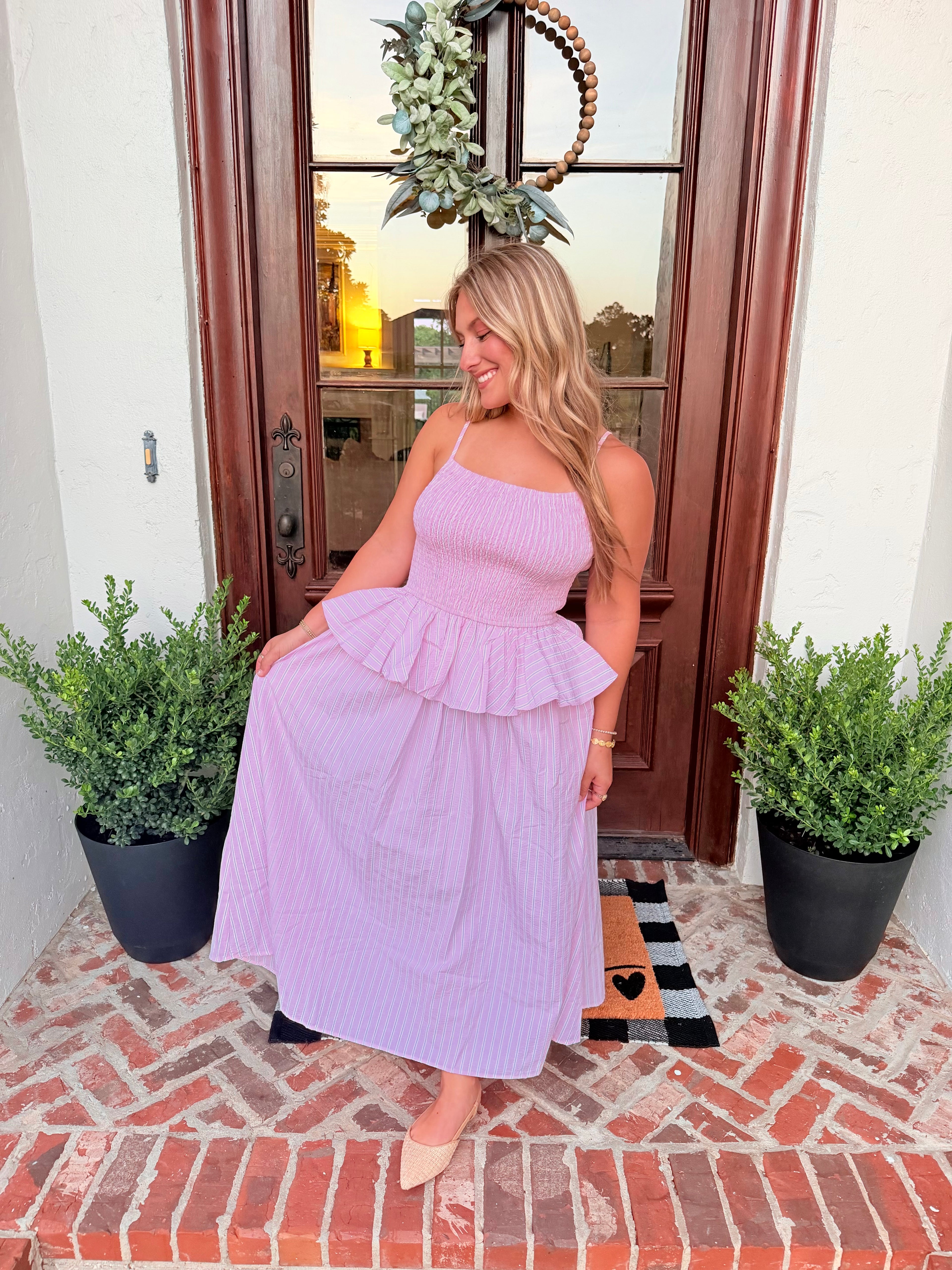 Pink sunbeam stripe smocked midi dress with pockets