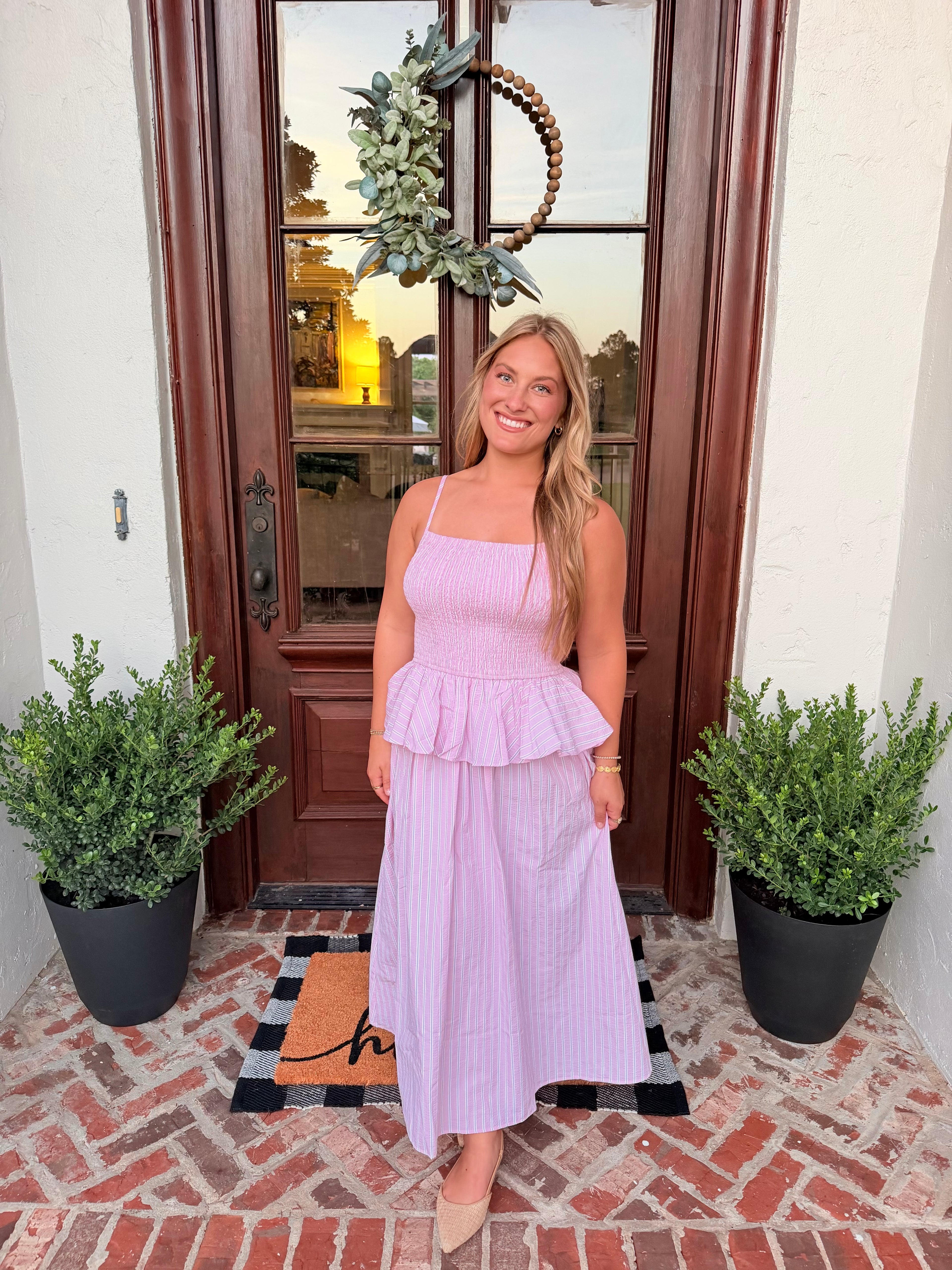 Pink sunbeam stripe smocked midi dress, second view