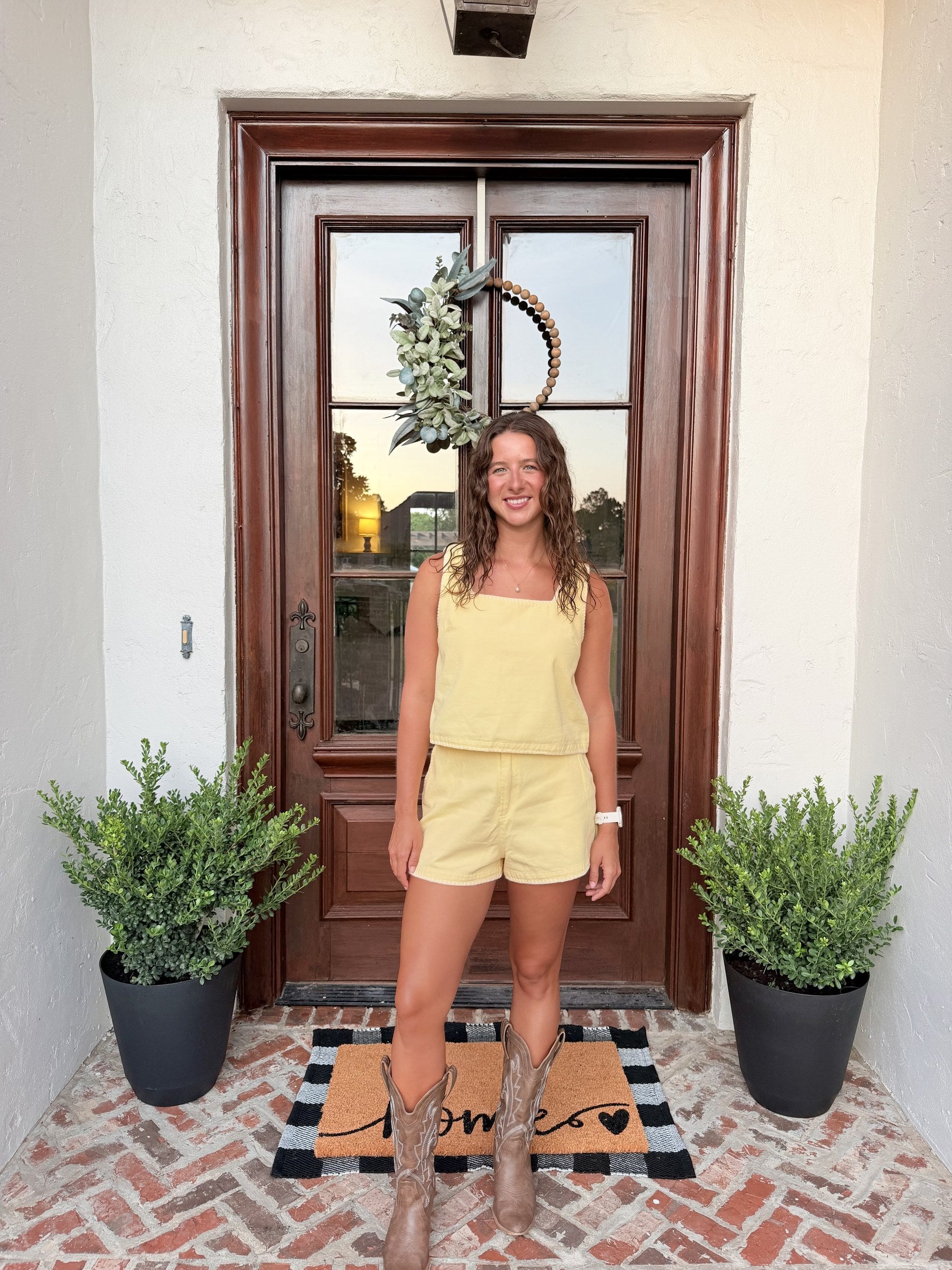 Whipstitch denim crop top and shorts set in butter yellow